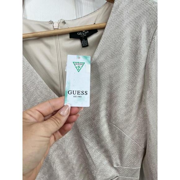 Guess Dress Size 6 Silver Beige Ruched Metallic Long Sleeve VNeck Party - Picture 4 of 10